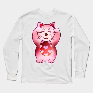 Two paws up pink hearts maneki neko lucky cat Long Sleeve T-Shirt